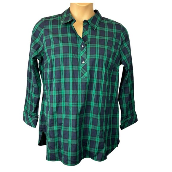 TALBOTS Non-Iron Tartan Plaid Shirt Pop Over Size 12 Diamente Buttons Tunic - Picture 1 of 6